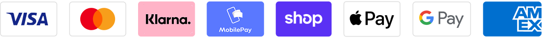 Verkkokaupan maksutapojen logot. Visa, Mastercard, Klarna, MobilePay, Shop Pay, Apple Pay, Google Pay, American Express.